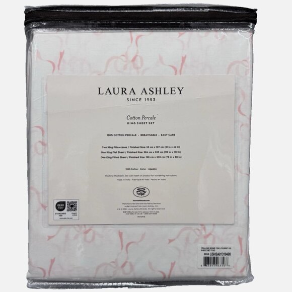 NEW 4pc Laura Ashley KING Sheet Set PINK TRAILING BOWS RIBBON Coquette Cottage - Picture 5 of 7
